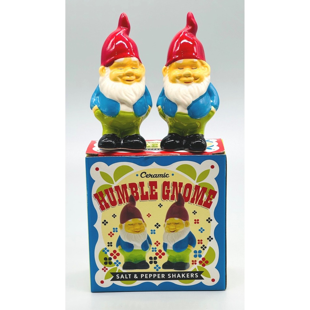 Humble Gnome Salt Pepper Shakers Ceramic Set 4 inch Boxed